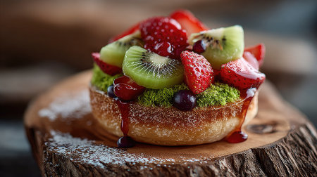 A mouthwatering fruit tart features a mix of strawberries, kiwi, and berries atop a delicate pastry base, showcasing vibrant colors and textures.の素材