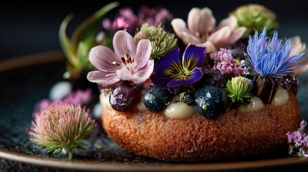 A beautifully crafted dessert featuring a rich pastry topped with an array of vibrant edible flowers and fresh berries. An artistic delight perfect for gourmet food lovers.の素材