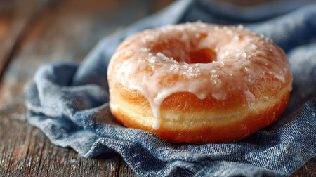 A beautifully crafted glazed donut with a shiny icing drips onto a rustic wooden surface, creating an inviting and delicious food scene. Perfect for dessert lovers.の素材
