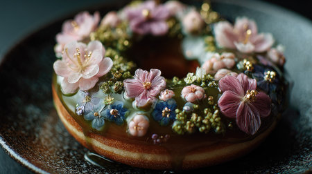 This stunning floral-inspired donut features intricate edible flowers in pink and blue, elegantly displayed on a dark plate, perfect for any dessert setting.の素材