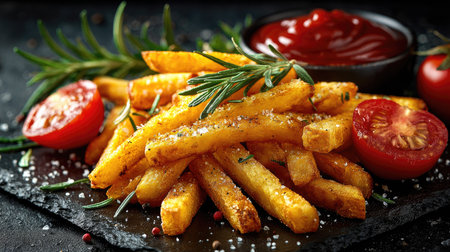 A stylish presentation of crispy golden French fries garnished with fresh rosemary, cherry tomatoes, and a side of tangy ketchup on dark slate.の素材