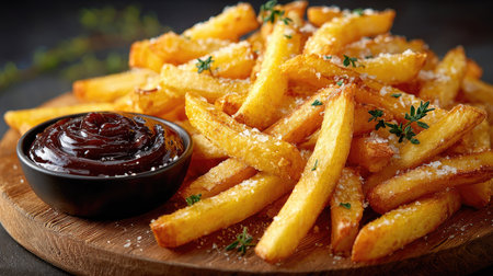 A delectable arrangement of crispy golden French fries rests on a wooden platter, accompanied by sweet and savory ketchup for dipping.の素材