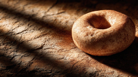 This image features a freshly baked bagel resting on a rustic wooden surface, showcasing its inviting texture and warm colors accentuated by natural lighting and shadows.の素材