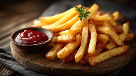 Indulge in a delicious serving of crispy French fries paired perfectly with rich ketchup, ideal for snacks or meals, served on a rustic wooden board.の素材