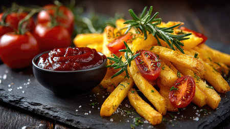 Indulge in a delightful serving of crispy French fries paired with ripe cherry tomatoes and fresh herbs, elegantly presented on a slate plate with ketchup.の素材