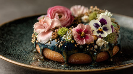 A stunning floral cake adorned with vibrant edible flowers and creamy icing, perfect for celebrations and gourmet dessert presentations.の素材