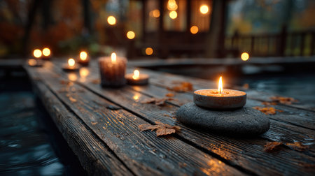 Experience a moment of serenity with flickering candles resting on a wooden deck by water. Soft autumn leaves and glowing lights create a relaxing atmosphere.の素材