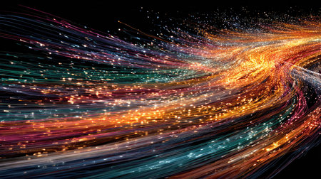 This vibrant abstract image showcases a flowing motion of light and color, creating a dynamic background full of energy and sparkle. Ideal for design projects.の素材