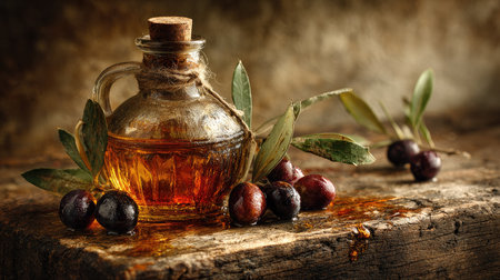 A rustic glass bottle of olive oil sits elegantly on a weathered wooden surface, surrounded by fresh olives and leaves, capturing the essence of natural culinary art.の素材