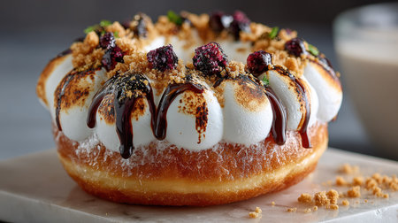 A beautifully crafted dessert featuring a fluffy doughnut adorned with marshmallows, rich chocolate sauce, and crushed cookies, perfect for food lovers.の素材