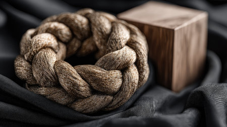 A stunning close-up of a handcrafted brown braid surrounded by a minimalist wooden block on a rich black fabric, capturing elegance and artistry.の素材