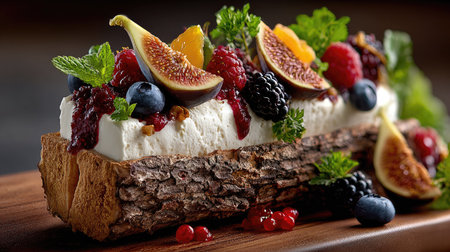 A visually stunning dessert featuring a creamy layer with fresh fruits atop a rustic wooden log, perfect for gourmet settings and food photography.の素材