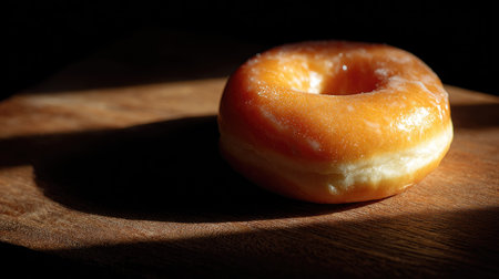 A beautifully glazed donut sits on a wooden surface, highlighted by warm lighting and gentle shadows, inviting indulgence and comfort in every bite.の素材