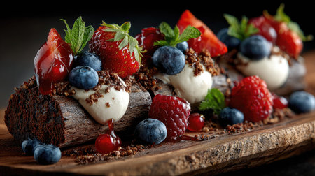 A mouthwatering dessert featuring rich chocolate cake topped with fresh strawberries, blueberries, raspberries, and creamy whipped topping, garnished with mint.の素材