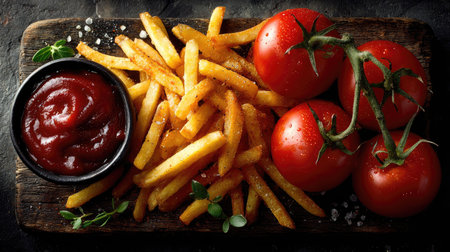 A visually appealing arrangement of golden crispy French fries, fresh red tomatoes, and a bowl of rich ketchup on a rustic wooden board. Ideal for food photography.の素材