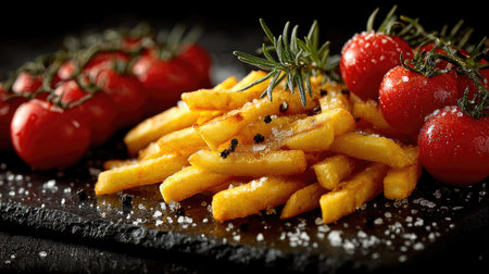 A visually appealing composition of crispy French fries paired with fresh cherry tomatoes and garnished with rosemary, perfect for food lovers.の素材