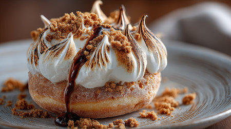 This stunning gourmet donut features a fluffy meringue topping and a rich caramel drizzle, elegantly presented on a rustic plate, perfect for dessert lovers.の素材