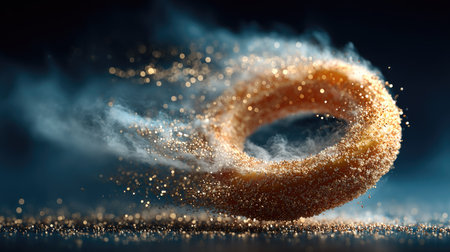 This stunning image features a dynamic gold ring emitting sparkling particles and mist, set against a dark background. It embodies elegance and creativity, making it ideal for various artistic and decorative uses.の素材