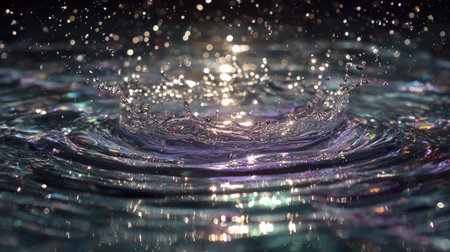 A mesmerizing close-up image of a water droplet creating ripples and splashes in a tranquil pool, enhanced by sparkling bokeh effects, evoking calmness.の素材