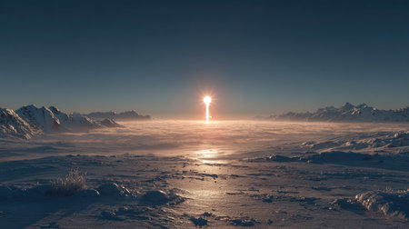 A breathtaking view of a majestic sunrise illuminating snowy mountains and thick fog, creating a serene and tranquil winter landscape scene.の素材