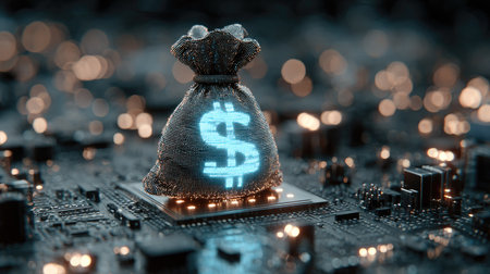 This stunning image showcases a digital representation of a money bag, symbolizing wealth atop a circuit board, reflecting the fusion of finance and technology.の素材