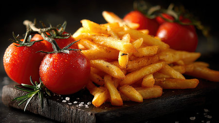 This image showcases crispy golden French fries piled high beside fresh juicy tomatoes, creating a delicious and rustic presentation perfect for dining.の素材