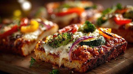 Indulge in the vibrant colors and textures of a freshly baked vegetable pizza, featuring a crispy crust and a blend of delicious toppings on a rustic wooden board.の素材