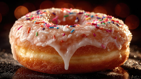 This image showcases a freshly glazed doughnut adorned with vibrant sprinkles, set against a dark background. It captures the essence of sweetness and indulgence.の素材