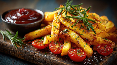 A mouthwatering display of golden, crispy French fries paired with roasted cherry tomatoes and fresh herbs, served with ketchup on a rustic wooden platter.の素材