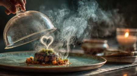 A captivating gourmet dish is revealed under a glass dome, with swirling steam forming a heart shape. The elegant presentation speaks to culinary artistry and indulgence.の素材