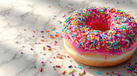 This vibrant doughnut features a thick layer of bright pink frosting topped with colorful sprinkles. Set against a sleek marble surface, it showcases deliciousness that is perfect for any sweet treat lover.の素材