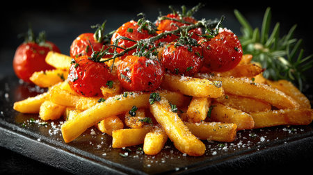 Indulge in a delightful serving of golden French fries, perfectly complemented by roasted cherry tomatoes and a sprinkle of fresh herbs. A stunning presentation!の素材