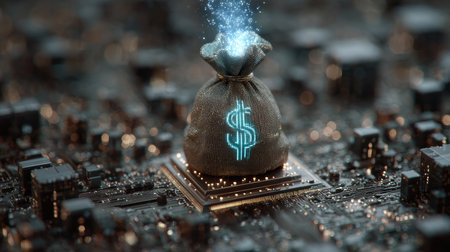 A visually striking digital artwork featuring a money bag with a glowing dollar sign resting on a circuit board, symbolizing financial growth and technology.の素材