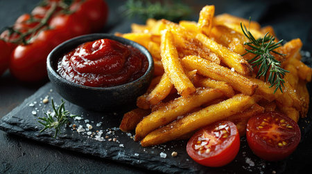 A mouthwatering display of crispy golden French fries served with a rich ketchup dip, complemented by fresh cherry tomatoes and fragrant rosemary, perfect for culinary inspiration.の素材
