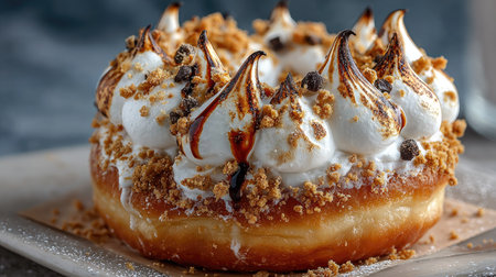 This enticing dessert features a soft dough base topped with fluffy meringue and crushed cookies. Perfect for any sweet tooth, this treat is visually appealing and delicious.の素材