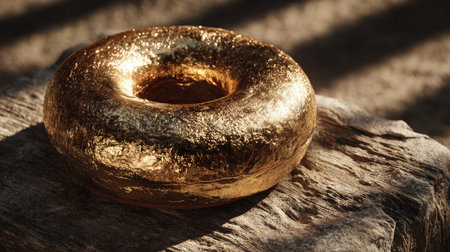 This image features a stunning glimmering golden donut sitting atop a rustic wooden surface, beautifully illuminated by natural light creating captivating shadows.の素材