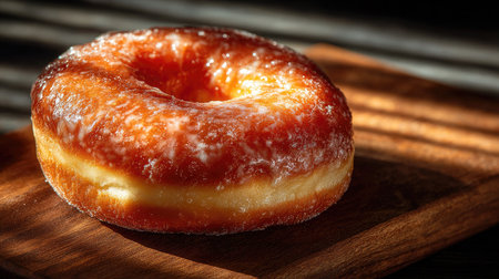 A delectable glazed donut rests on a wooden surface, illuminated by soft natural light and gentle shadows, creating an inviting atmosphere perfect for culinary photography.の素材