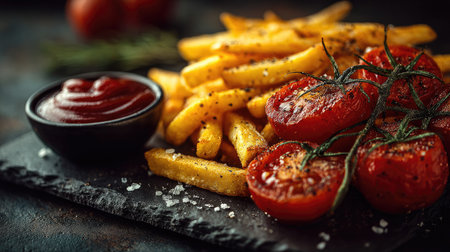 This image showcases a mouth-watering plate featuring crispy fried potatoes and grilled cherry tomatoes, served with ketchup on a dark slate surface.の素材