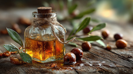 This captivating image features a glass bottle filled with golden oil, elegantly displayed among olive leaves and nuts on a rustic wooden table. The composition highlights the natural beauty and rich textures, making it ideal for culinary or wellness themes.の素材