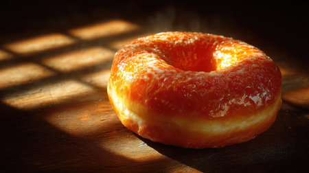 A beautifully crafted glazed donut sits on a wooden table, accentuated by gentle natural light and soft shadows, evoking a cozy and inviting atmosphere.の素材