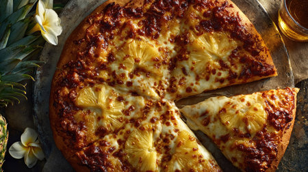 A mouthwatering Hawaiian pizza featuring juicy pineapple and melted cheese, beautifully presented on a rustic wooden table with tropical touches. Perfect for gatherings!の素材