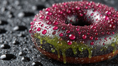 This vibrant image features a colorful glazed donut adorned with water droplets on a dark surface, emphasizing its appealing texture and deliciousness.の素材
