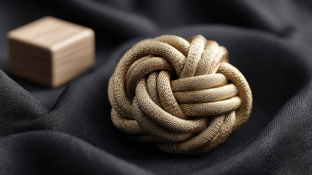 A beautifully crafted golden decorative knot rests on luxurious black fabric, accompanied by a simple wooden cube, highlighting intricate textures and elegant design.の素材