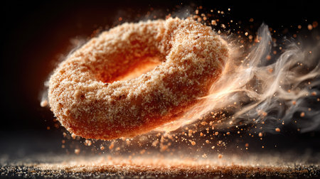 A mesmerizing image of a floating doughnut enveloped in vapor and golden crumbs, showcasing the beauty of sweet indulgence in a dynamic way.の素材