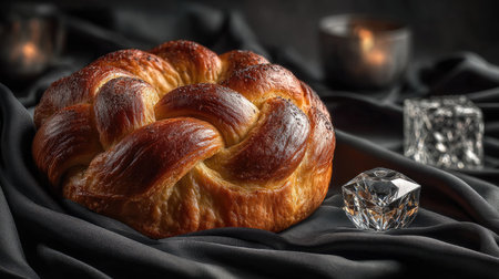 A beautifully braided golden bread loaf rests on dark fabric, surrounded by soft candlelight and sparkling crystal accents, creating a warm ambiance.の素材