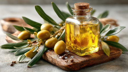 A vibrant display of fresh olive oil in a glass bottle, accompanied by green olives and olive branches, creating a perfect Mediterranean culinary scene.の素材