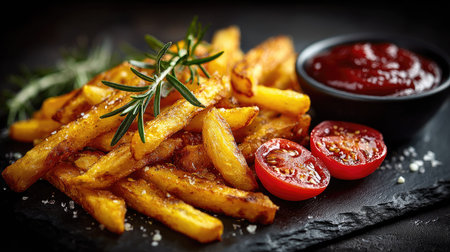 Indulge in this appetizing plate of crispy golden French fries, garnished with fresh rosemary and paired with ripe cherry tomatoes and rich ketchup.の素材