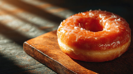 A freshly glazed donut sits on a rustic wooden board, bathed in warm light and creating a cozy atmosphere. Perfect for food lovers and bakeries.の素材