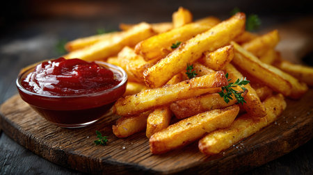 A tempting arrangement of crispy golden fries accompanied by a tangy bowl of red ketchup, presented on a rustic wooden board. Perfect snack!の素材