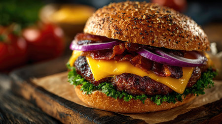 An enticing close-up of a gourmet hamburger featuring crispy bacon, melted cheddar cheese, and fresh onions, served on a rustic wooden board.の素材